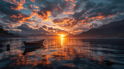 Poster - A serene lakeside scene captured during sunset, with a boat gently bobbing in the calm waters. The sky is painted with hues of orange, pink, and purple, reflecting off the water's surface. The distant