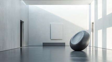 Poster - modern minimalist gallery interior design with abstract stone sculpture and blank canvas minimalist 