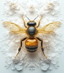 Poster - Intricate Macro Photography of a Bee Resting on White Floral Background with Detailed Textures and Patterns Highlighting Nature's Beauty