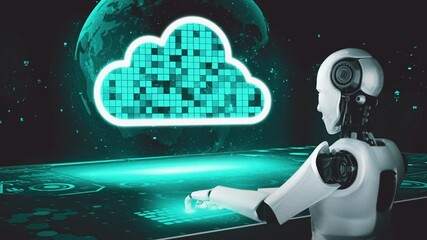 Poster - ai robot huminoid uses cloud computing technology to store data on online server . futuristic concep