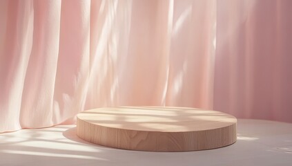 Poster - Minimalist wooden platform surrounded by soft pink curtains, casting gentle shadows, perfect for product display or artistic presentations