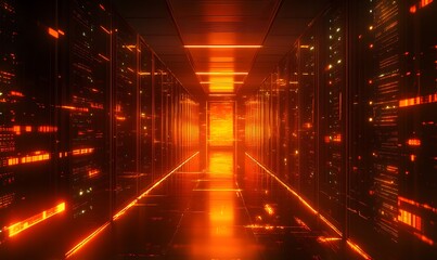 Poster - A Futuristic Data Center Corridor Illuminated in Orange Tones of Server Racks