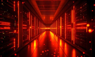 Poster - Futuristic server room with glowing red lights and data processing capabilities