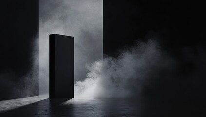 Poster - mysterious dark room with a vertical black door surrounded by fog and shadows, creating an atmospher