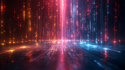 Wall Mural - Red Blue Neon Data Stream Futuristic Digital Background, Glowing Network Design