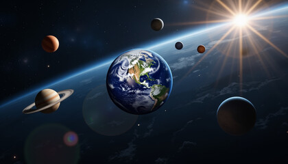 earth in solar system surrounded by planets, cosmic perspective