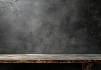 Poster - Rustic Wooden Table Against a Dark Textured Background Ideal for Product or Food Photography with Space for Text or Graphics