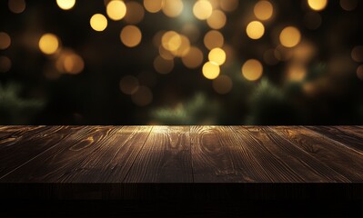 Poster - Rustic wooden table in the foreground with soft bokeh lights creating a magical ambiance in a festive setting for holiday celebrations and gatherings