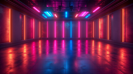 Wall Mural - Pink Blue Neon Room Glowing Futuristic Design, Reflective Studio Space