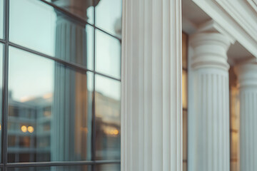 Aufkleber - Architectural Elegance: Fluted columns meet a glassy facade, blending classic design with modern aesthetics, bathed in soft light.