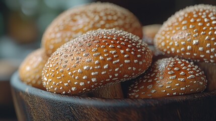 Wall Mural - Amanita mushrooms clustered in wooden bowl, close-up indoor natural light