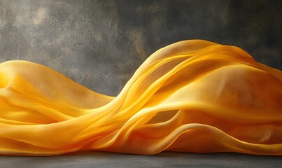 Poster - Golden fabric waves gracefully against a textured grey background displaying elegance