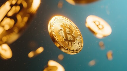 Poster - Floating Cryptocurrency Symbols in Chaos Against a Glowing Blue Background