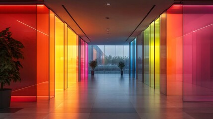 Poster - Modern corridor with colorful glass panels creating a vibrant atmosphere