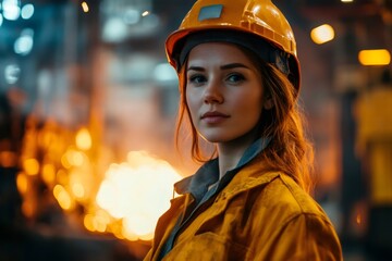 Aufkleber - Female industrial engineer wearing hard hat and safety jacket in a steel mill factory