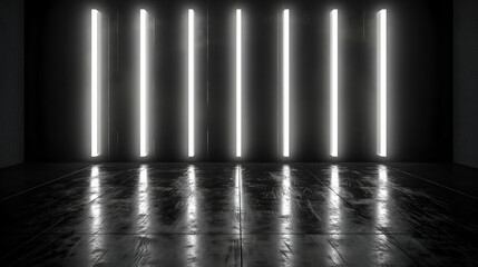 Wall Mural - Neon Lights in Dark Room Modern Industrial Design, Glowing White Lines for Studio Spaces