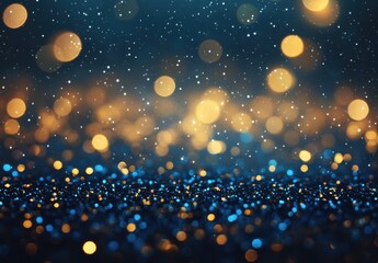 Poster - Sparkling Glittering Particles in Soft Focus with Vibrant Bokeh Effect in Shades of Blue and Gold for Festive and Celebratory Backgrounds