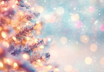 Poster - Sparkling Snowy Christmas Tree Scene with Blurred Colorful Lights and Soft Falling Snowflakes Creating a Cozy Winter Atmosphere