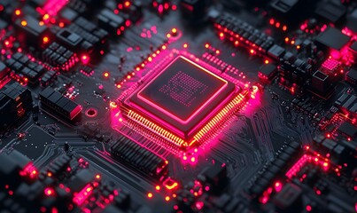 Poster - Futuristic Circuit Board with Glowing Red Lights, Highlighting Complex Technology