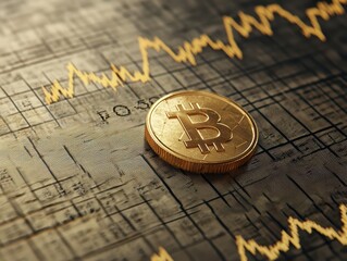 Poster - Golden Bitcoin on Stock Market Graph Showing Rising Trend Amidst Chaos