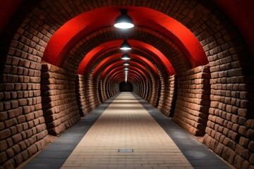 Poster - Long brick tunnel with red ceiling and modern lamps illuminating the way