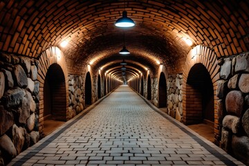 Poster - Underground tunnel featuring brick arches and cobblestone path with lighting