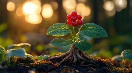 Wall Mural - Berries sprout upward, forest background, evening sunlight, earthy details displayed
