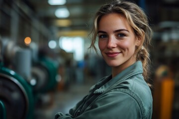 Fototapete - Portrait of a young woman engineer smiling in a factory