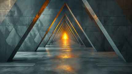 Wall Mural - Geometric Triangle Tunnel Modern Concrete Design, Golden Light Interior Space