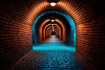 Poster - Long brick tunnel with cobblestone floor and lighting creating gradient effect