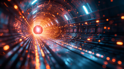 Wall Mural - Futuristic Tunnel Glowing Particles, Orange Blue Neon Lights for Technology Themes