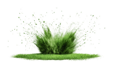 Green powder explosion on grass creating a vibrant natural effect for creative projects, cut out