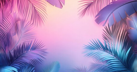Poster - Vivid Tropical Background with Colorful Palm Leaves, Exotic Plants, Gradient Sky, Dreamy Atmosphere, Vibrant Colors, Perfect for Summer Themes