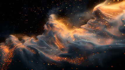 Wall Mural - Dark Grey Glow Orange Fiery Particles, Abstract Wave Smoke Design