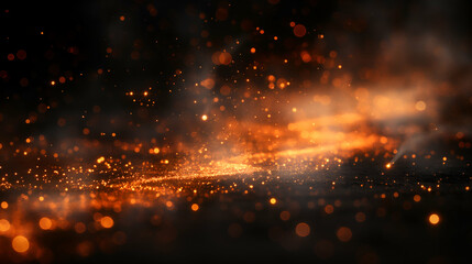 Wall Mural - Orange Glow Particles Festive Dark Background, Sparkling Magic Dust Design