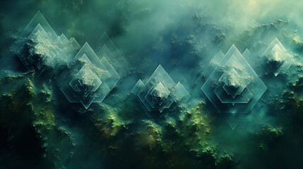 Wall Mural - Green Teal Fractal Art Geometric Design, Mystic Nature Texture for Modern Backgrounds