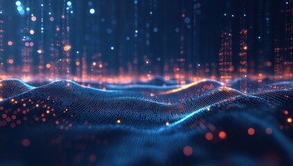 Poster - Abstract Digital Landscape with Glowing Particles and Waves Creating a Futuristic Background for Technology and Data Innovation Concepts