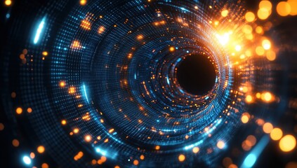 Fototapete - Abstract digital tunnel with glowing particles, vibrant colors, and light effects representing data transmission and futuristic technology concepts