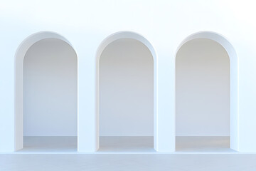 Poster - Three white arches stand in symmetry against a plain background, showcasing minimalist architectural design and serene simplicity.