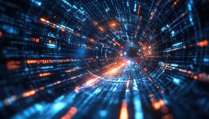 Fototapete - Abstract futuristic digital tunnel with glowing lines and particles, representing speed, motion, and technology advancement in a visual representation