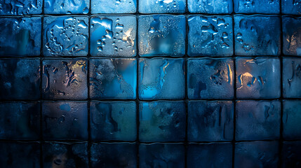 Wall Mural - Blue Glass Tiles Water Droplets Night Texture, Modern Dark Moody Background Design