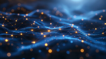Wall Mural - Blue Digital Wave Golden Lights Network, Futuristic Data Visualization Background