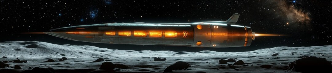 Wall Mural - Futuristic Spacecraft Traveling Over the Moon's Surface with Galactic Background. Generative AI