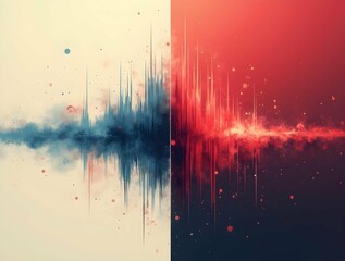 Poster - A dynamic abstract image with a central divide, featuring a blue soundwave-like graphic on a light background and a red one on a dark background