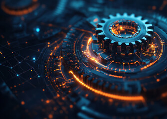 Aufkleber - Gears and circuits blend seamlessly, illuminated by glowing lines and intricate patterns, creating a vibrant digital landscape in a dark environment