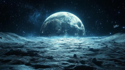 Wall Mural - Moonlit Lunar Landscape with Close-Up of Craters Stars and Light Glow. Generative AI