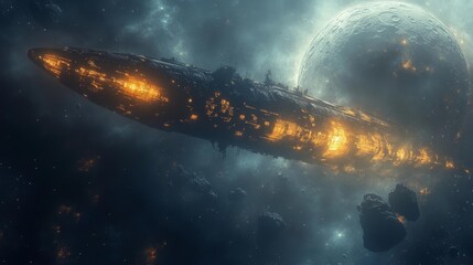Wall Mural - A detailed shot of a large spaceship in space with distant asteroids and a massive moon in the background. Generative AI
