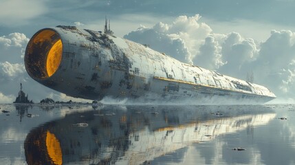 Wall Mural - Futuristic Spacecraft Passing By the Moon with Reflections on Its Hull. Generative AI