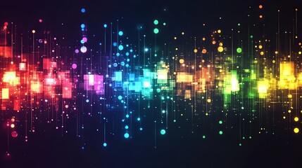 Poster - Abstract Rainbow Digital Art Colorful Glowing Squares Lines Technology Background Futuristic Modern Design Vibrant Energetic Pixelated Geometric      