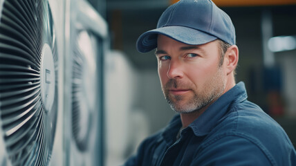 Poster - Skilled HVAC technician working diligently in a mechanical setting indoors